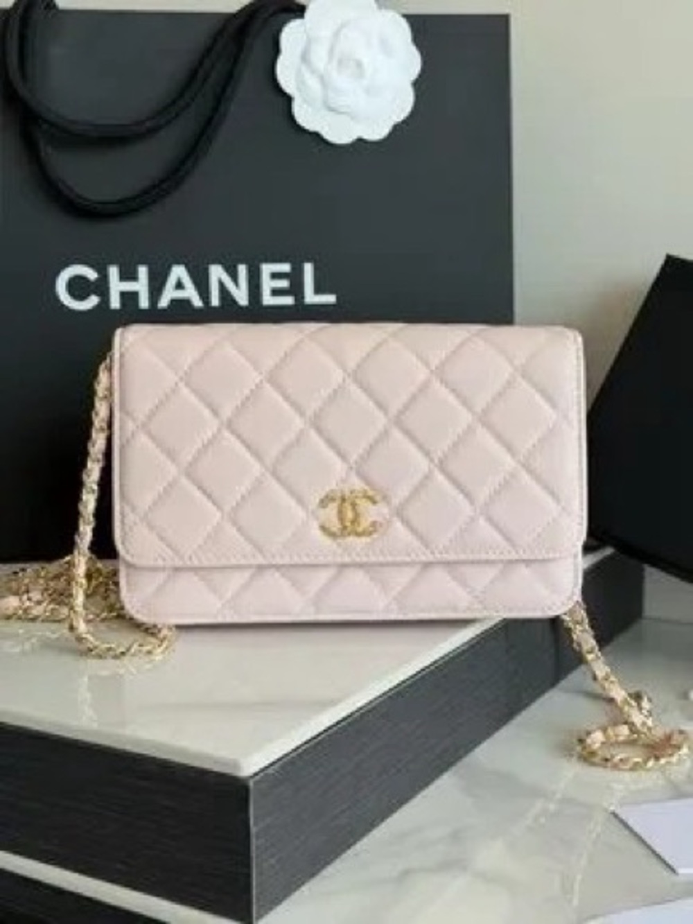 CHANEL Quilted Crossbody Bag in Blush Pink with Gold Hardware